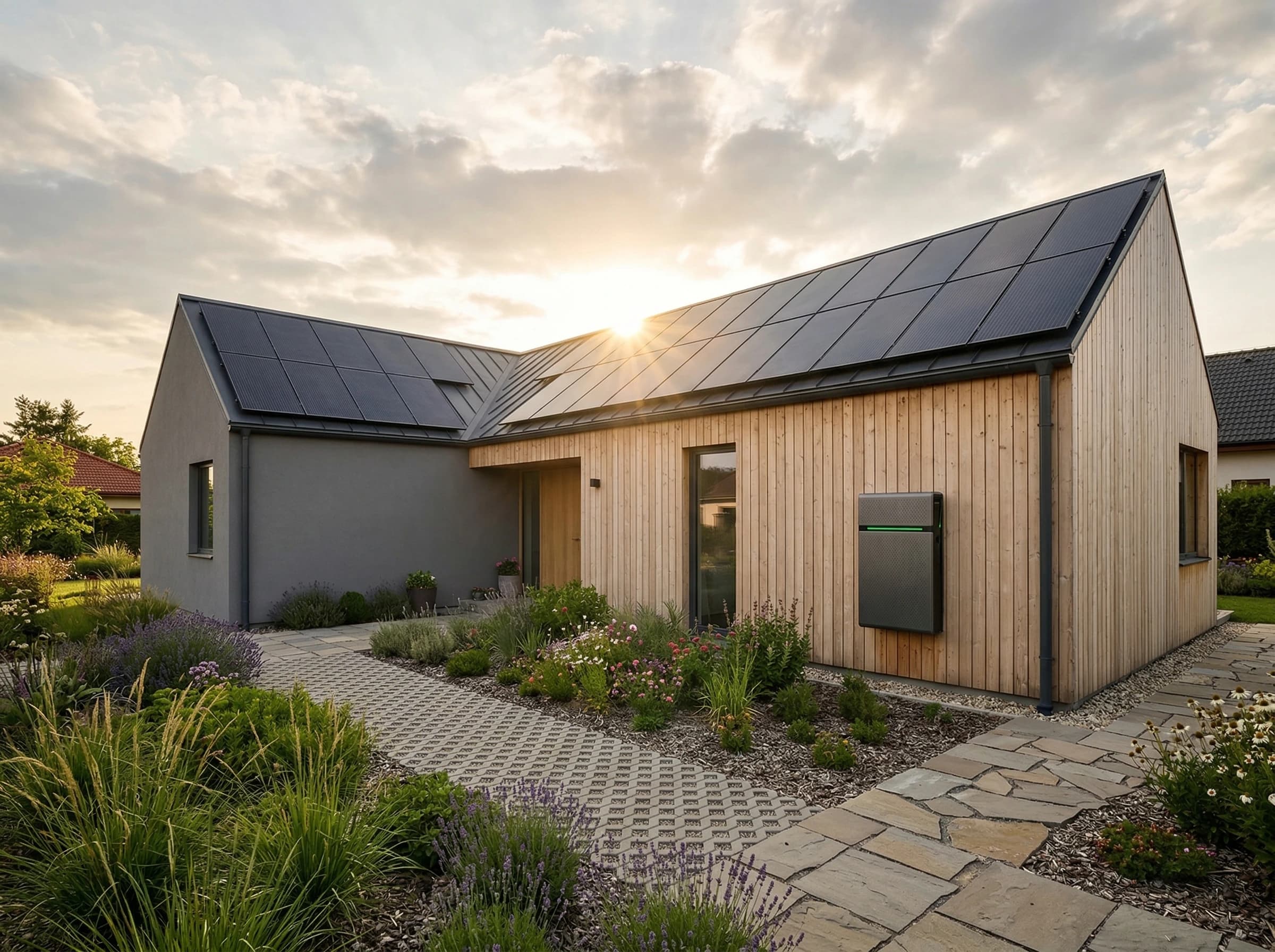 hus med solceller och batterilager